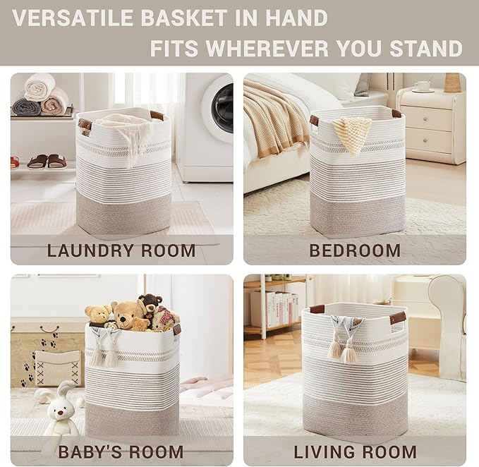 Laundry Hamper 85L Large Blanket Storage, Basket Blankets Living Room, Toys, Towel, Dirty Clothes in Bathroom, Bedroom, Tall Laundry Basket with Leather Handles, 17"x14"x22", Beige Brown