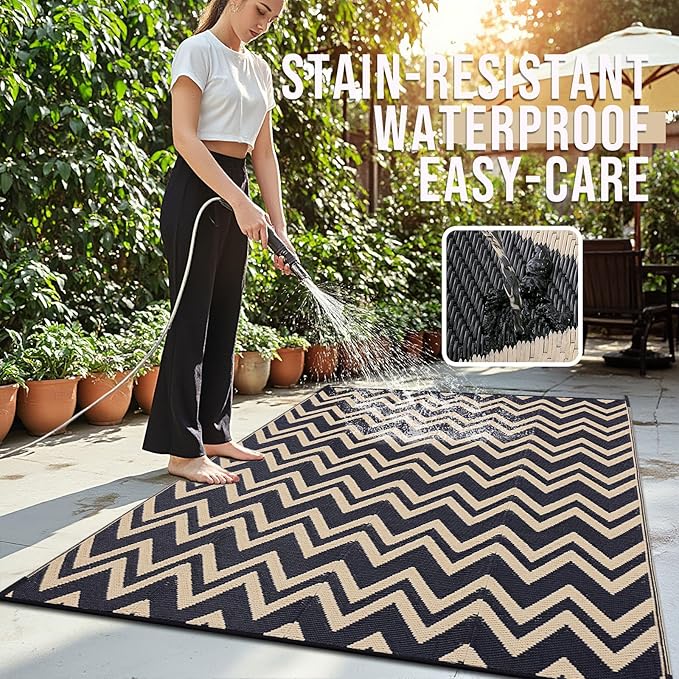 OLANLY Waterproof Outdoor Rug 8x10 ft Clearance, Reversible Outdoor Plastic Straw Rug, RV Mat, Indoor Outdoor Carpet for Patio, Camping, Balcony, Deck, Backyard, Black & Beige