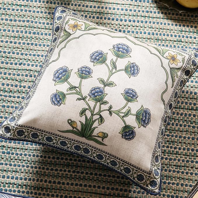 patdrea Designer Throw Pillow Covers Set of 2,Blue Euro Elegant Linen with Blooming Floral Pattern Pillow Cover,Decorative Square Pillowcases Cushion for Bed Living Room Outdoor Car,18"x18"