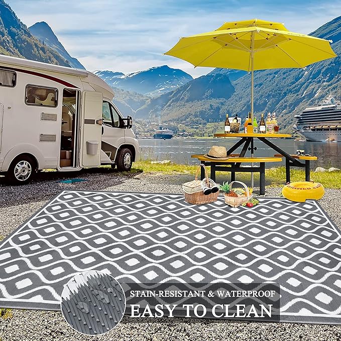 Pauwer Waterproof Outdoor Rug 8x10, Reversible Plastic Straw Patio Camping Rug, Indoor Outdoor RV Mat Carpet for Deck, Camper, Porch, Balcony, Backyard, Picnic, Geometric Grey