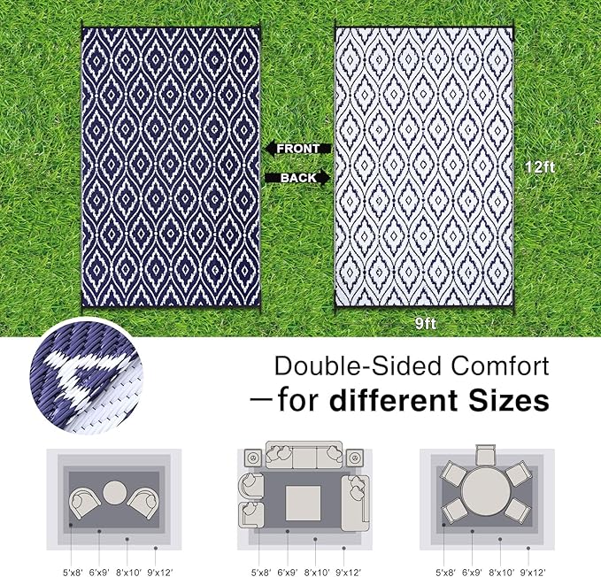 OLANLY Outdoor Rug 9x12 ft Waterproof, Outdoor Plastic Straw Rug with Geometric Pattern Clearance, Reversible RV Mat for Patio, Camping, Balcony, Deck, Backyard, Navy & White