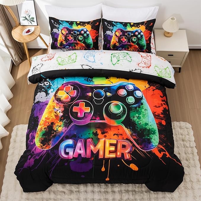 NTBED Game Console Comforter Set for Boys Girls Kids Tie Dye Gaming Lightweight Microfiber Gamer Bedding Sets (Multi, Twin 5Pcs)