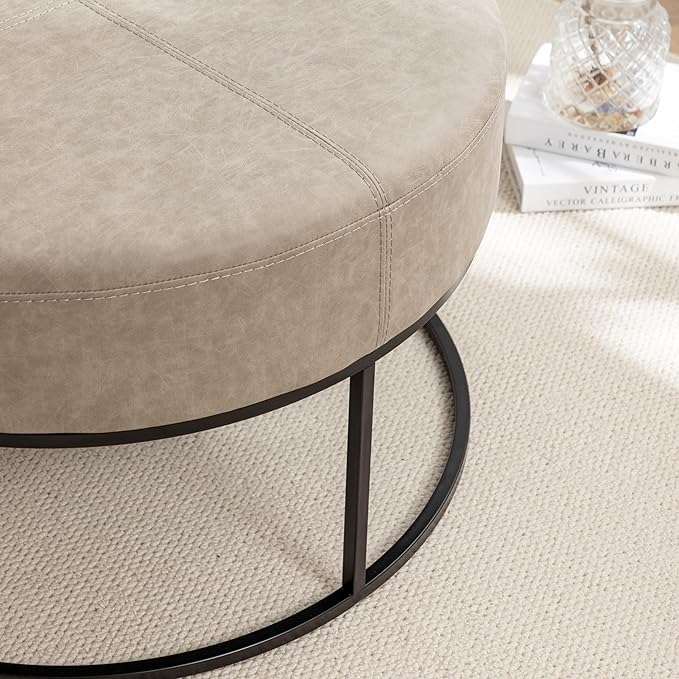 Modern Round Coffee Table, Farmhouse Ottoman Coffee Tables for Living Room, Large Vintage Leather Tables with Leather Upholstered Padded Seat [Round, Taupe, 30'']