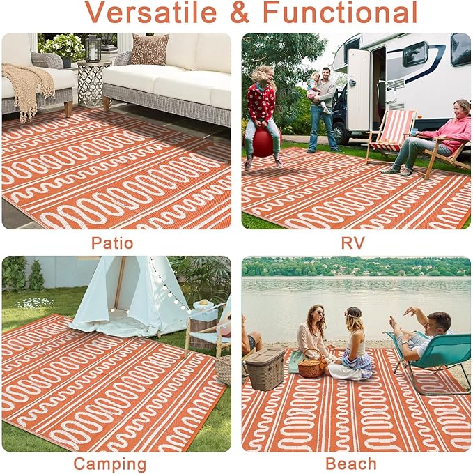 Beeiva Waterproof Outdoor Rug, 6x9 Plastic Outdoor Rug for Patio, Reversible Non Shedding RV Outdoor Mat for Deck, Balcony, Backyard, Porch, Camping, Picnic - Orange