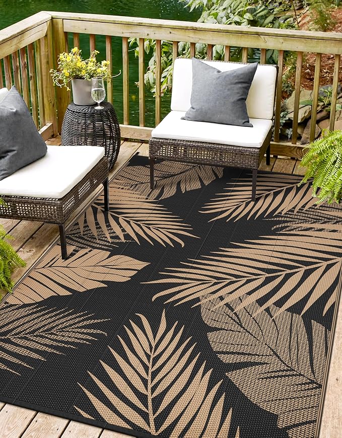 Outdoor Rug 9’x12’ Waterproof for Patio Clearance, Reversible Indoor Outdoor Plastic Straw Camping Rug Carpet, RV Mat, Large Area Rug for Deck, Backyard, Balcony, Porch, Beach, Black & Brown