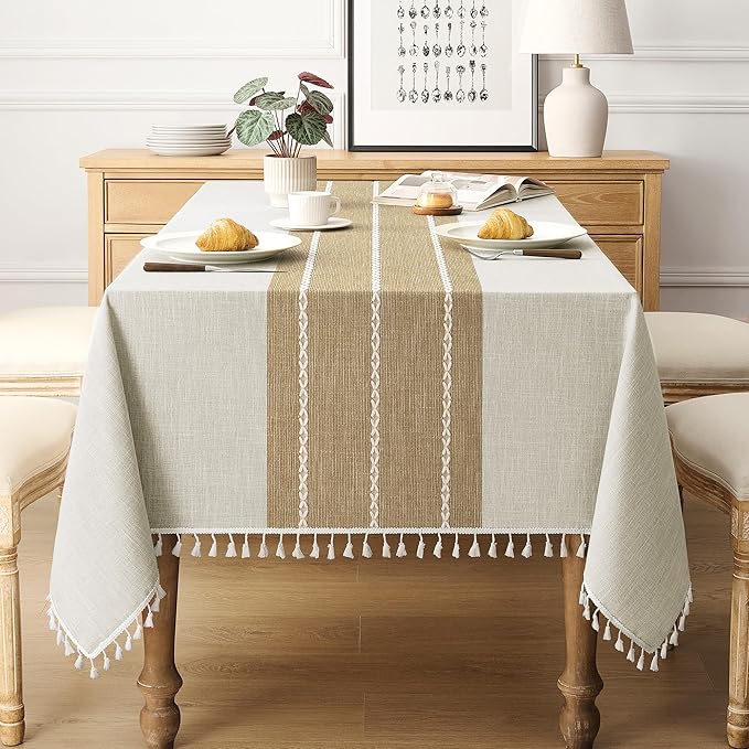 puredown® Rustic Rectangle Tablecloth, Waterproof Cotton Linen Tablecloth with Tassel, Wrinkle Free Farmhouse Table Cloths for Kitchen Dining Outdoor, 55"x102",8-10 Seats, Coffee