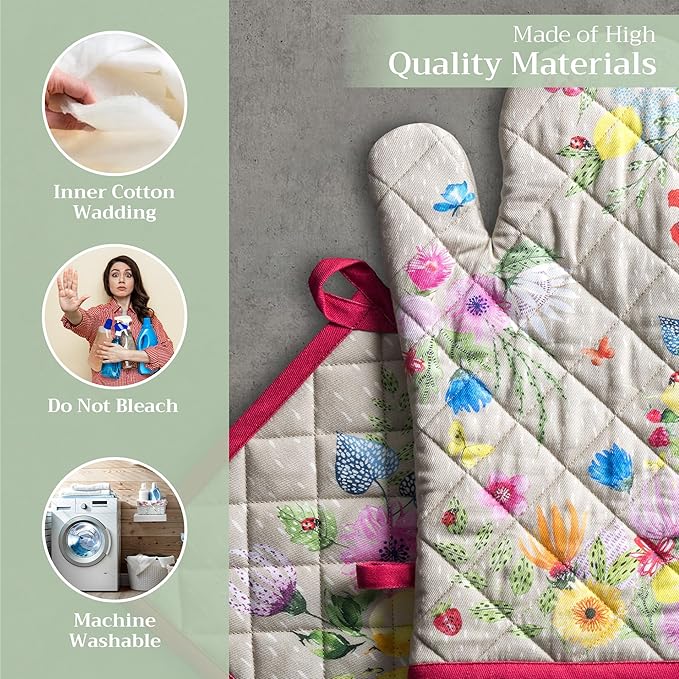 Maison d' Hermine 100% Cotton Oven Mitt & Pot Holder Set (7.5"x13" & 8"x8") Heat Resistant BBQ Cooking Gloves with Loop, Baking, Grilling, Kitchen, Handling Hot Pans Spring/Summer (Jardin D'Ete - Fog)