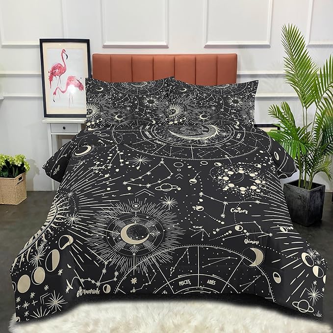 Tailor Shop Sun and Moon Comforter Sets Twin Size,Stars Space Psychedelic Bedding Set for Kids Boys Teens,Boho Bedding Mandala Comforter Sets with 1 Pillowcases