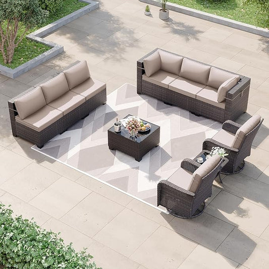 Kurapika 10 Pieces Patio Furniture Set, Rattan Wicker Sofa Set, Outdoor Conversation Sets w/Swivel Rocking Chairs Patio Sectional Sofa w/4 Inch Cushion, Sand