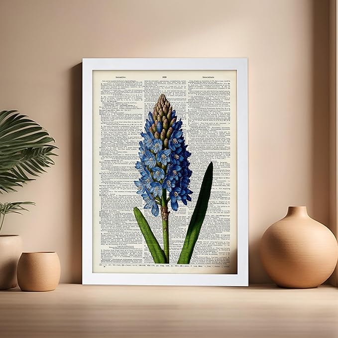 Poster Master Dictionary Art Poster - Blue Hyacinth Print - Flower Art - Floral Art - Gift for Men, Women & Florist - Minimal Decor for Bedroom, Office, Dorm or Flower Shop, 16x20 White Framed