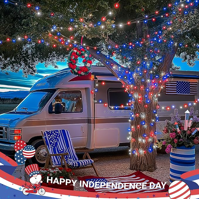JMEXSUSS Red White and Blue Lights Clear Wire, 66 Ft 200 LED 4th of July Decorations String Lights Plug in, Christmas Light for Independence Day Celebration Party Memorial Day Patriotic Holidays Decor