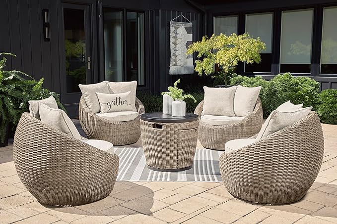 Signature Design by Ashley Danson Outdoor Lounge Chair with Cushion and 360-Degree Swivel, Set of 2, UV-Resistant Performance Fabric and Resin Wicker, Light Brown
