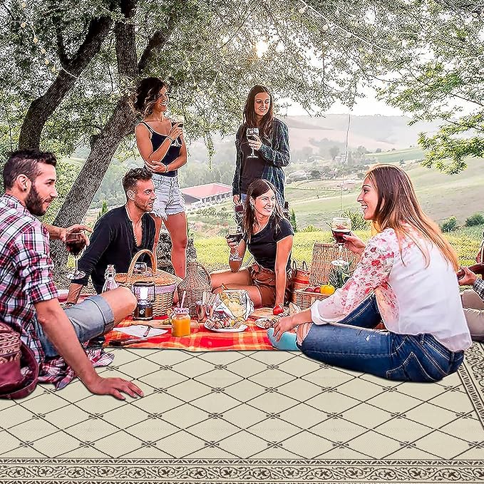 HiiARug Outdoor Rugs 9x12 for Patios Clearance Brown Camping Rug for RV Outside, Reversible Waterproof Plastic Straw Rug Large Outdoor Rug for Porch Beach Picnic Camper