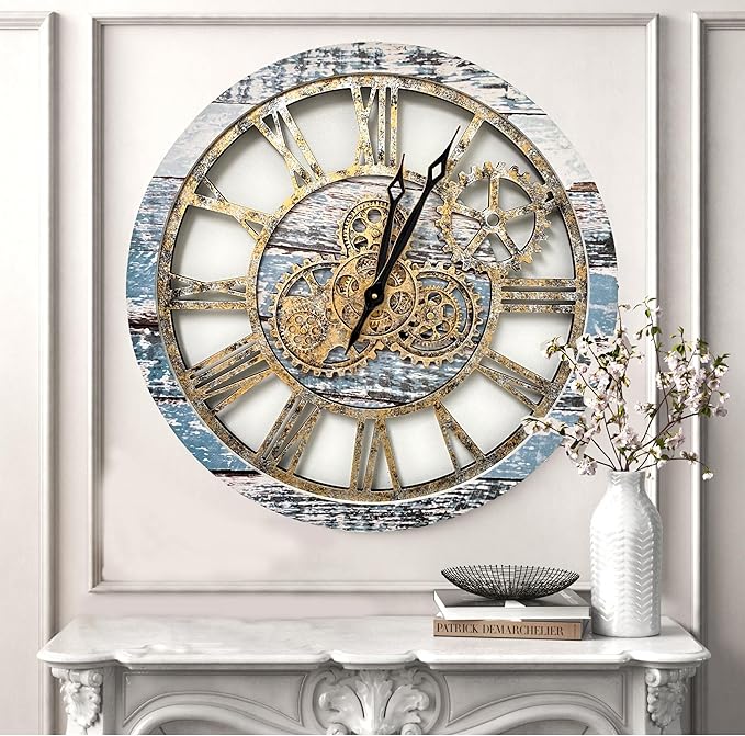 The Original Real Moving Gear Wall Clock Vintage Industrial Oversized Rustic Farmhouse (24 inch (60cm), Vintage Aqua Green and Bronze)