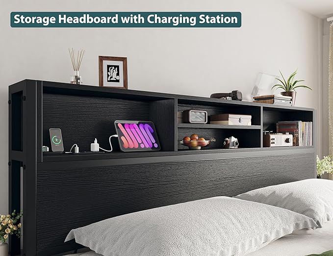 EnHomee King Size Bed Frame with 6 Storage Drawers King Bed Frame and Headboard, Storage Bed with Charging Station, No Noise,No Box Springs Needed,Black