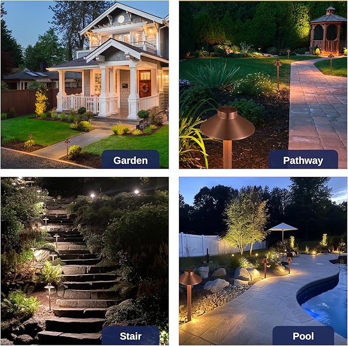 Outdoor Brass Pathway Lights, Low Voltage Landscape Path Light Wired, 12v Walkway Lamp LED Waterproof, Hat-top Copper for Outside Garden Yard Driveway with 3W 270LM 3000K G4 Bulb (4 Pack)