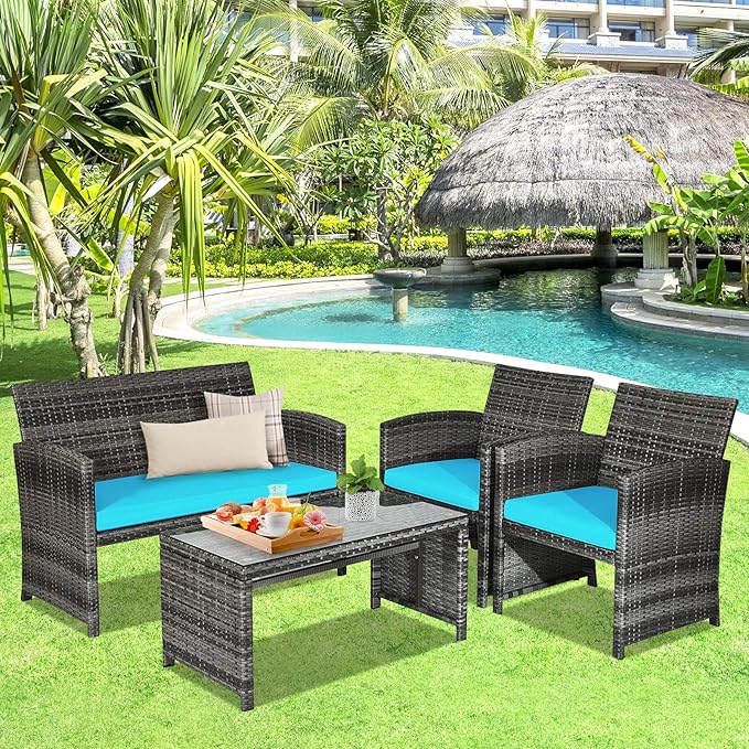 Goplus 4-Piece Rattan Patio Furniture Set, Outdoor Wicker Conversation Sofa with Weather Resistant Cushions and Tempered Glass Tabletop for Lawn Backyard Pool Garden (Turquoise)