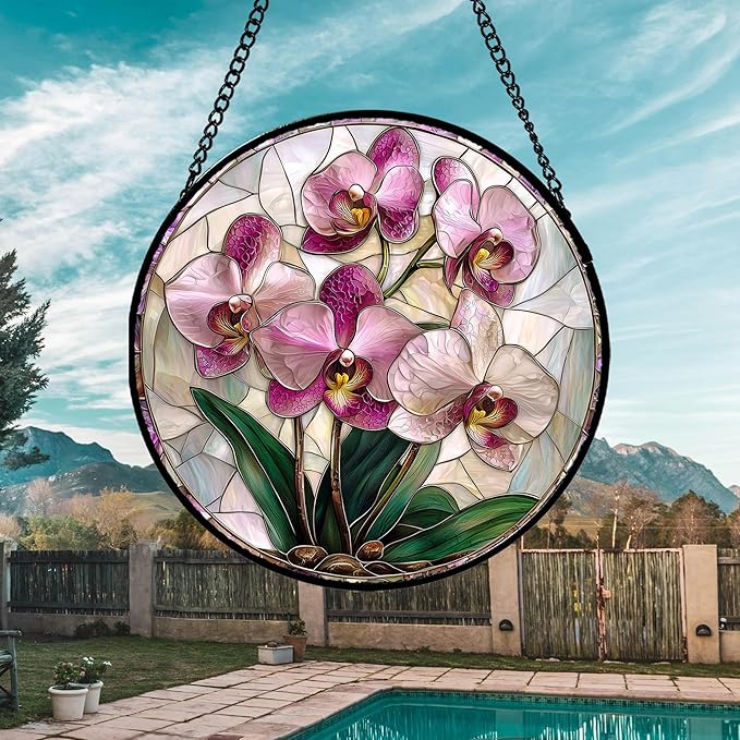 Stained Glass Window Hanging - Pink Purple Phalaenopsis Flowers Sun Catcher for Door Home Decor Plant Suncatcher Christmas Mother's Day Birthday Gifts for Women Men Mom Nana 6.3 in