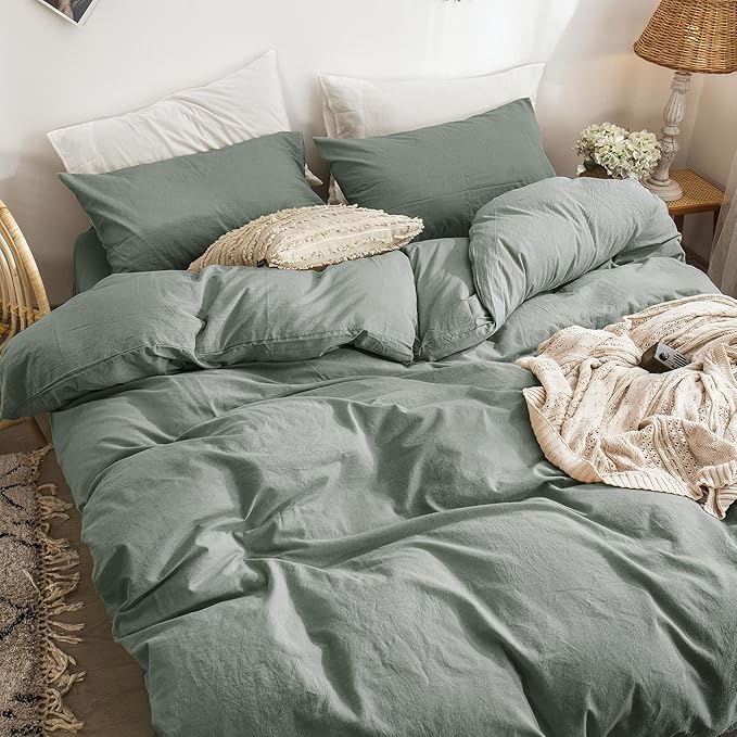MooMee Bedding Duvet Cover Set 100% Washed Cotton Linen Like Textured Breathable Durable Soft Comfy (Heathered Green, Oversized Full 82"x86")