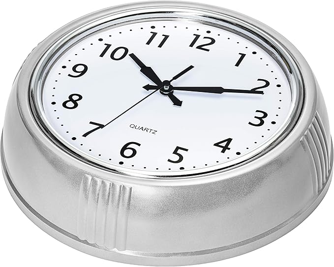 Bernhard Products Retro Wall Clock 9.5 Inch Silver Kitchen 50's Vintage Design Round Silent Non Ticking Quality Quartz Battery Operated for Home/Office/Kitchen/Living Room/School Classroom