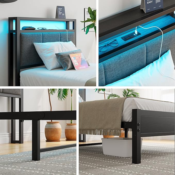 Twin Bed Frame with Charging Station and LED Lights,Upholstered Headboard with Storage Shelves,Heavy Duty Metal Slats, No Box Spring Needed,Noise Free, Easy Assembly,Black and Dark Grey