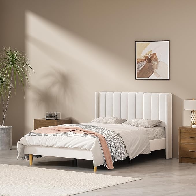 Full Size Upholstered Platform Bed Frame with Modern Wingback & Vertical Panel Headboard, Velvet Fabric, Wooden Legs & Slats Support, No Box Spring Needed, Noise-Free & Easy Assembly, Cream
