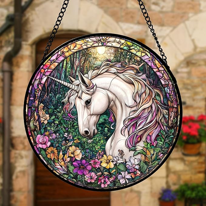 Stained Glass Window Hanging, Unicorn Flowers Suncatcher for Doors Home Sun Catchers Decoration and Christmas, Mother's Day Birthday Gifts for Women, Men, and Mom 7.8 in