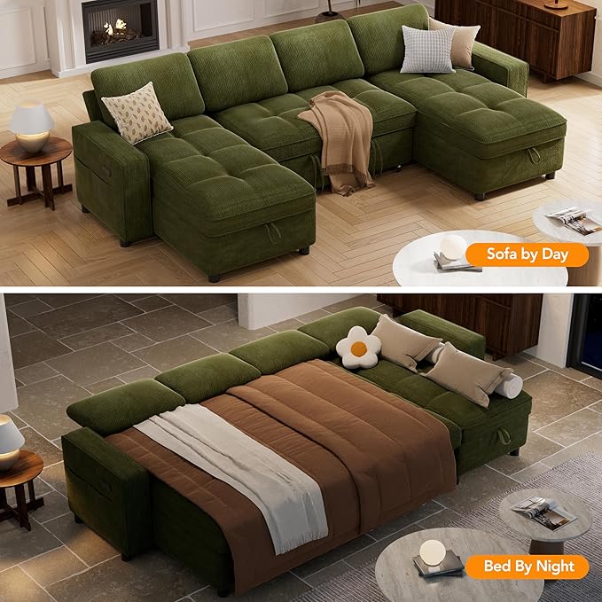 Vipbear Sleeper Sectional Sofa, 105" U Shaped Couch with Pull Out Bed, Convertible Chenille Cloud Sofa with Reclining Backrest | Double Storage Chaise | USB Ports | Tool-Free Assembly | Green