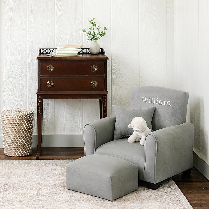 Toddler Personalized Armchair, Kids Upholstered Rocking Chair with Personalization, Toddler Chair with Personalized Name, Comfy Child Armchair, (Grey Suede, Rockers)