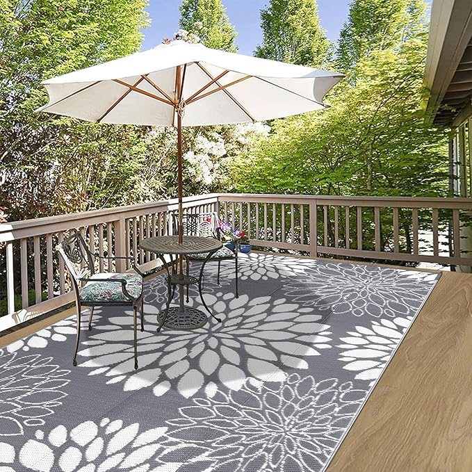 Ileading Reversible Outdoor Rug 5x8Ft Waterproof Patio Rug Carpet Portable Outdoor Plastic Straw Rug Large RV Camping Mat Rug for Patio, Clearance, Deck, Beach, Porch, Camping, Picnic, Flower Grey