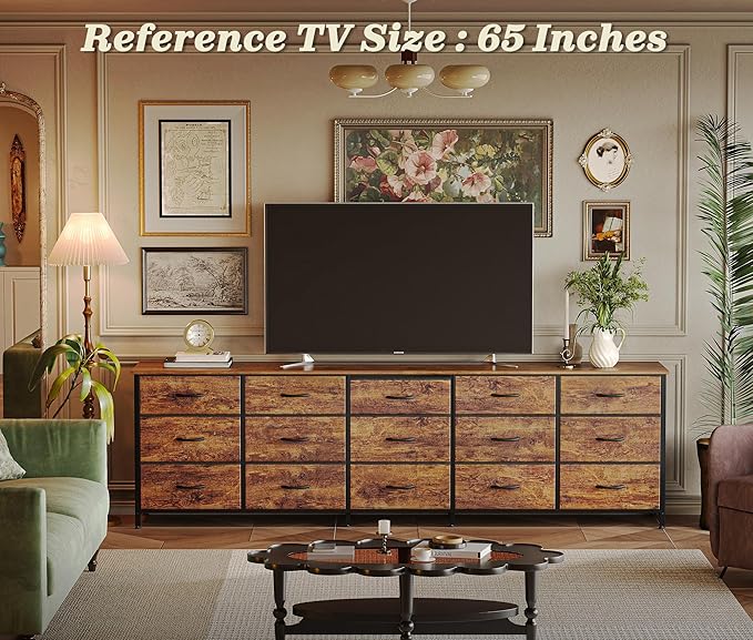 Huuger 78.7 inch Long Dresser for Bedroom, 15 Drawer Fabric Dresser for Closet, Large TV Stand for 65, 75, 85 inch TV, Wide Chest of Drawer with Storage, 78.7" W x 12.9" D x 26.7" H, Rustic Brown