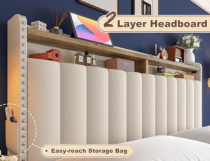 EnHomee Queen Size Bed Frame, Upholstered Queen Bed Frame with 3 Storage Drawers & 2-Tier Headboard Shelves, 1100LBS Heavy Duty, No Box Spring Needed, Easy Assembly, Beige