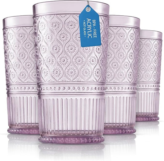 Godinger Highball Drinking Glasses, Acrylic Drinking Glasses Set, Elegant Tall Plastic Cups, Vintage Romantic Decor - Set of 4, Lavender