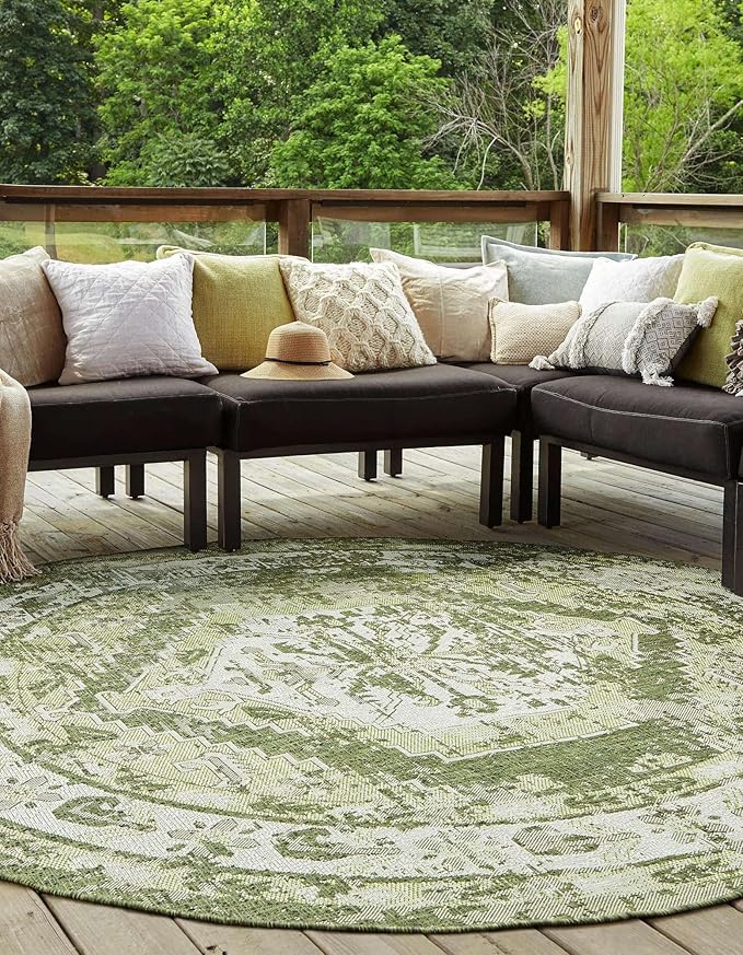 Unique Loom Outdoor Traditional Collection Area Rug - Valeria (5' 3" Round, Green/ Light Green)