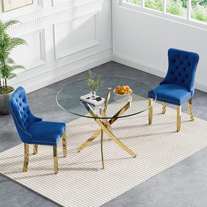 Goujxcy 3 Piece Round Glass Dining Table Set for 2, 36" Round Dining Table & Chair Set Modern Circle Glass Kitchen Table and 2 Velvet Upholstered Chairs for Kitchen Dining (Gold Table & Blue Chair)