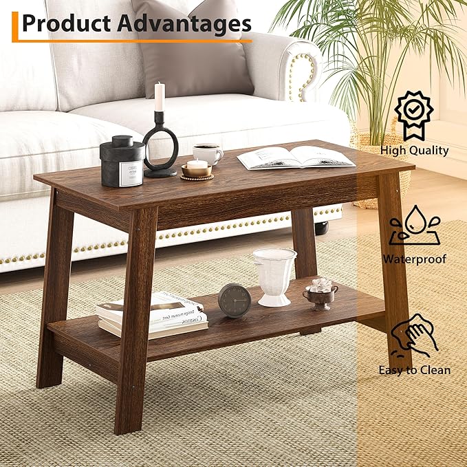 Coffee Table for Living Room, 2 Tier Coffee Table with Storage, Small Rectangular Center Tables with Shelf, Space Saving, Easy Assembly, Light Walnut