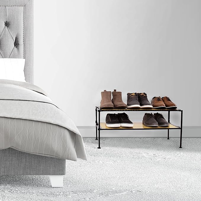 Seville Classics Sturdy Freestanding Storage Shelf for Bedroom, Closet, Entryway, Dorm Room Organizer Stackable Durable Metal Shoe Rack Countryside Aspen Slat, 2-Tier