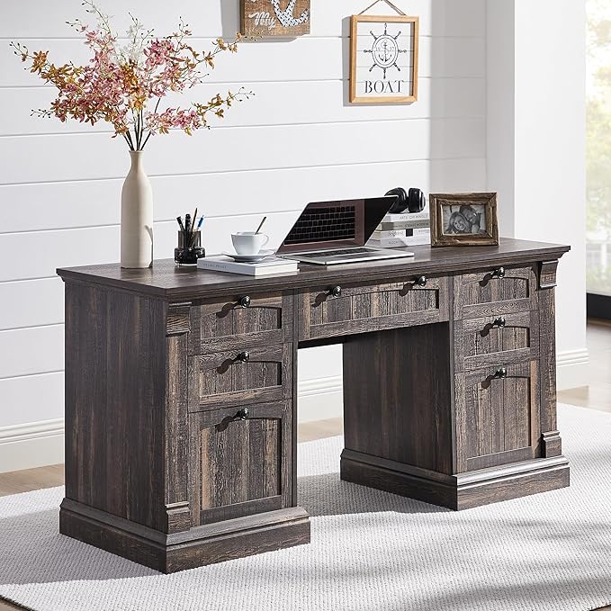 OKD 60" Executive Desk with Drawers, Farmhouse Home Office Desk with Charging Station, Keyboard Tray, File Cabinet Storage, Wood Computer Desk for Work and Study, Dark Rustic Oak