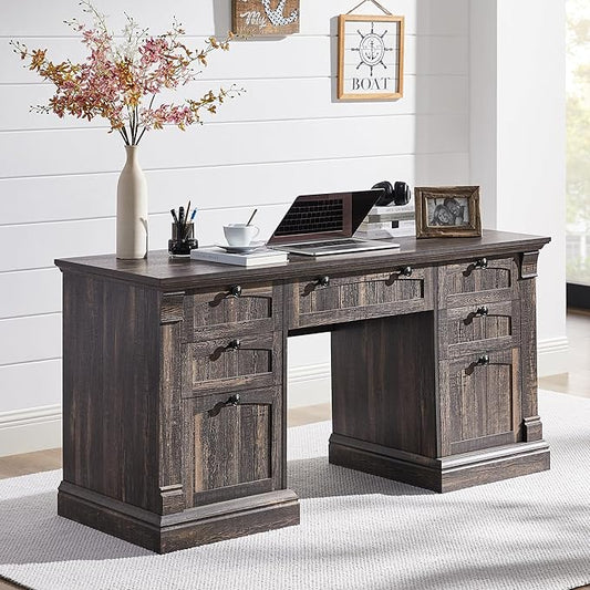 OKD 60" Executive Desk with Drawers, Farmhouse Home Office Desk with Charging Station, Keyboard Tray, File Cabinet Storage, Wood Computer Desk for Work and Study, Dark Rustic Oak
