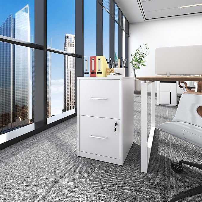 File Cabinet, Vertical File Cabinets with Lock for Home Office,Heavy Duty Office Steel Filing Cabinet for Hanging Letters/Legal/A4, Assembly Required (White, 2 Drawers-Small)