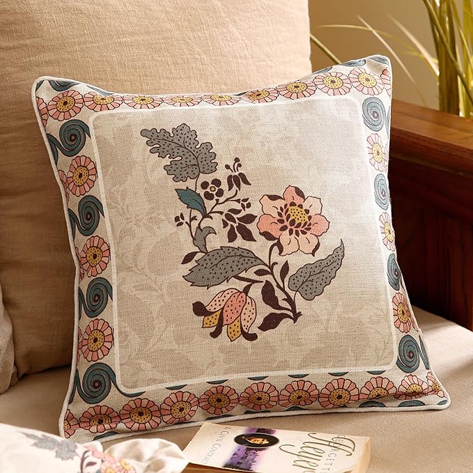 Design Square Linen Vintage Throw Pillow Covers 18"x18" Pack of 2, Gray Green Farmhouse Cushion Covers with Silver Lotus Floral Pattern Decor Pillowcases for Bed,Living Room,Outdoor,Car