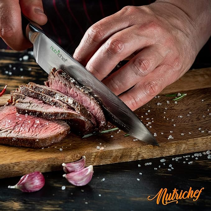 NutriChef 13-Piece Kitchen Knife Set with Wooden Block - Precision Crafted Stainless Steel Knives with Scissors & Built-In Sharpener - Lightweight, Durable, & Razor Sharp - Dishwasher Safe (NCKNS13)