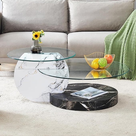 Glass Coffee Table, Modern Round Glass Coffee Table with Wooden Base, 3 Tier Round Coffee Table, Clear Cocktail Table with Storage for Living Room, Office, Balcony, White and Black
