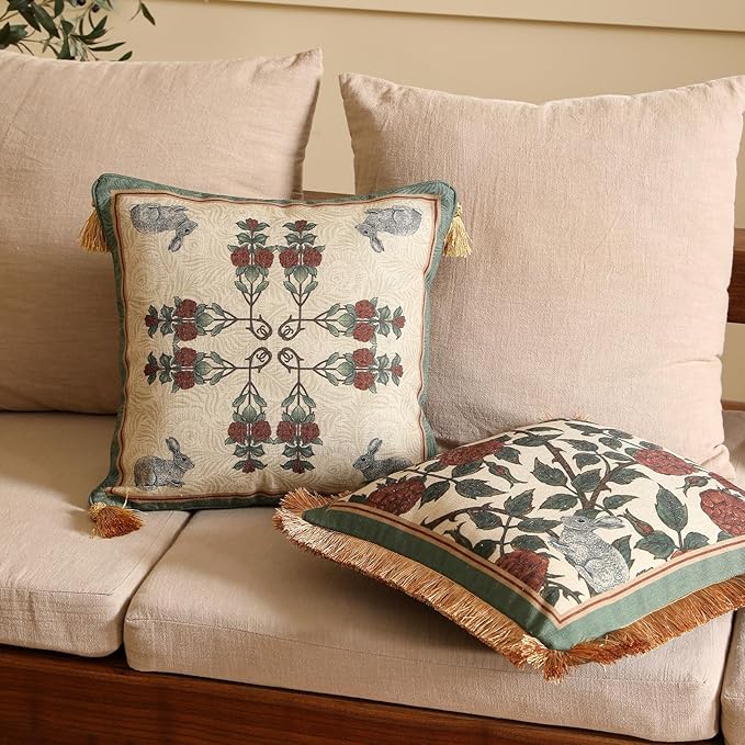 patdrea Designer Throw Pillow Covers Set of 2,French Elegant Green Linen with Rose and Animal Floral Pattern Pillow Covers,Decorative Square Pillowcases Cushion for Bed Living Room Outdoor,18"x18"