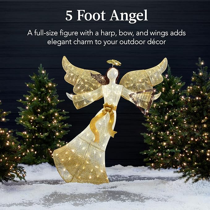 Best Choice Products 5ft Lighted Outdoor Angel Christmas Decoration, Pre-Lit Winged Holiday Figure for Lawn w/ 140 LED Lights, Harp, Bow, Halo, Zip Ties, Ground Stakes