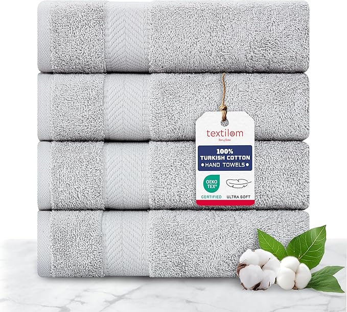TEXTILOM 100% Turkish Cotton 4 Pcs Hand Towel Set, Luxury Hand Towels for Bathroom, Soft & Absorbent Bathroom Hand Towels Set (16 x 28 inches)- Light Grey