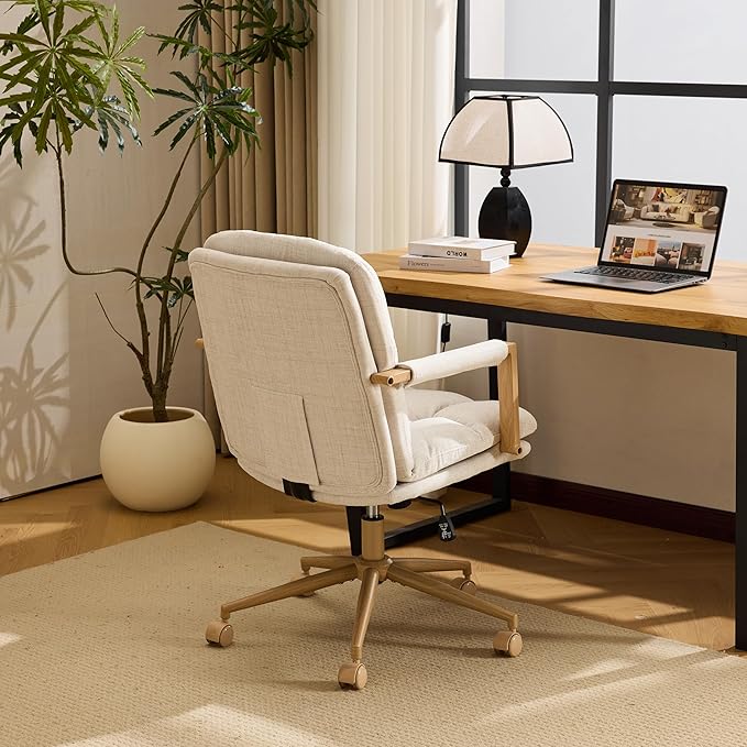VINGLI Comfy Linen Office Desk Chair with Wheels & Detachable Cushions & Wood-Like Armrests,Swivel Small Computer Task Chair,Adjustable for Girl Makeup Vanity,Teen/Kids Study,Nail Tech,Sewing,White