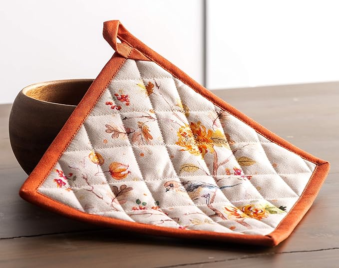 Maison d' Hermine 100% Cotton Oven Mitt & Pot Holder Set (7.5"x13" & 8"x8") Heat Resistant BBQ Cooking Gloves with Loop for Thanksgiving Christmas Decorations Handling Hot Pans (Kelim - Prairie)