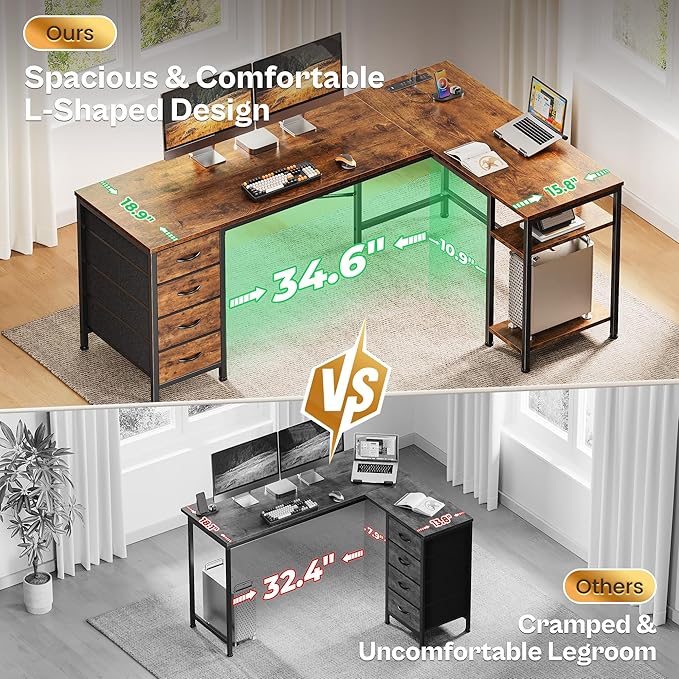 Huuger 63 Inch L Shaped Desk with Fabric Drawers, Computer Office Desk with Power Outlets and USB-C Port, Corner Desk with Storage Shelves, for Gaming Work Study Home Office, Reversible, Rustic Brown