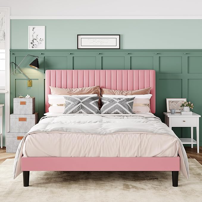 Allewie Queen Bed Frame, Velvet Upholstered Platform Bed with Adjustable Vertical Channel Tufted Headboard, Mattress Foundation with Strong Wooden Slats, Box Spring Optional, Easy Assembly, Pink
